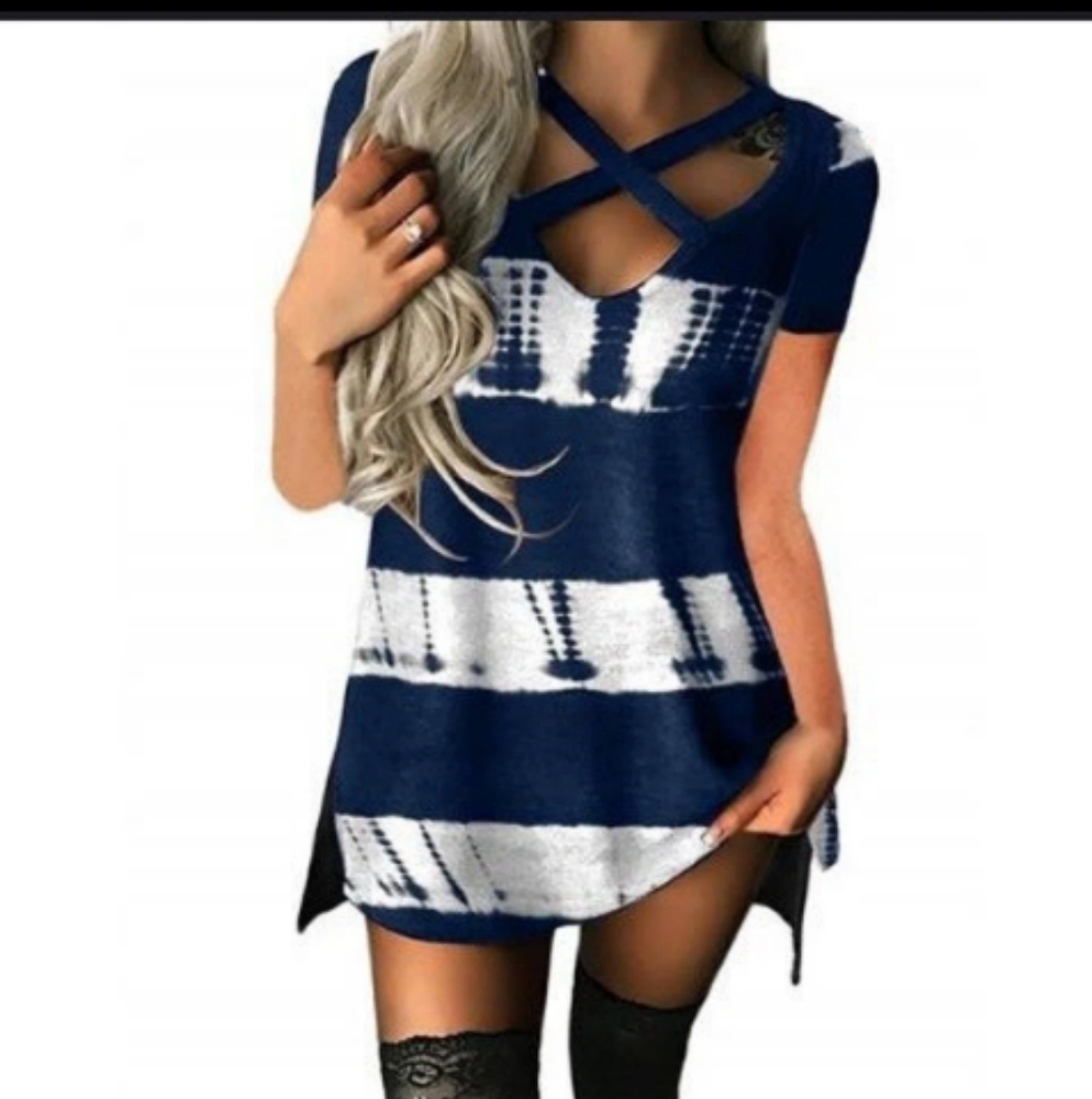 Ladies blue & white criss cross shirt